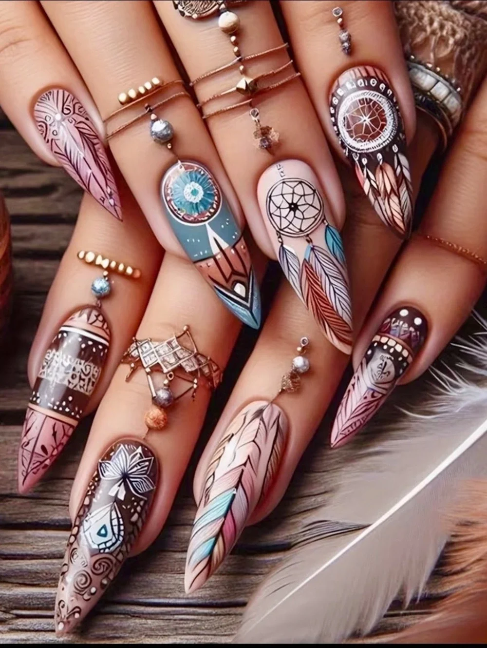 New -Super Cool -24Pcs Reusable Press-On-Nails w/Dreamcatcher Design